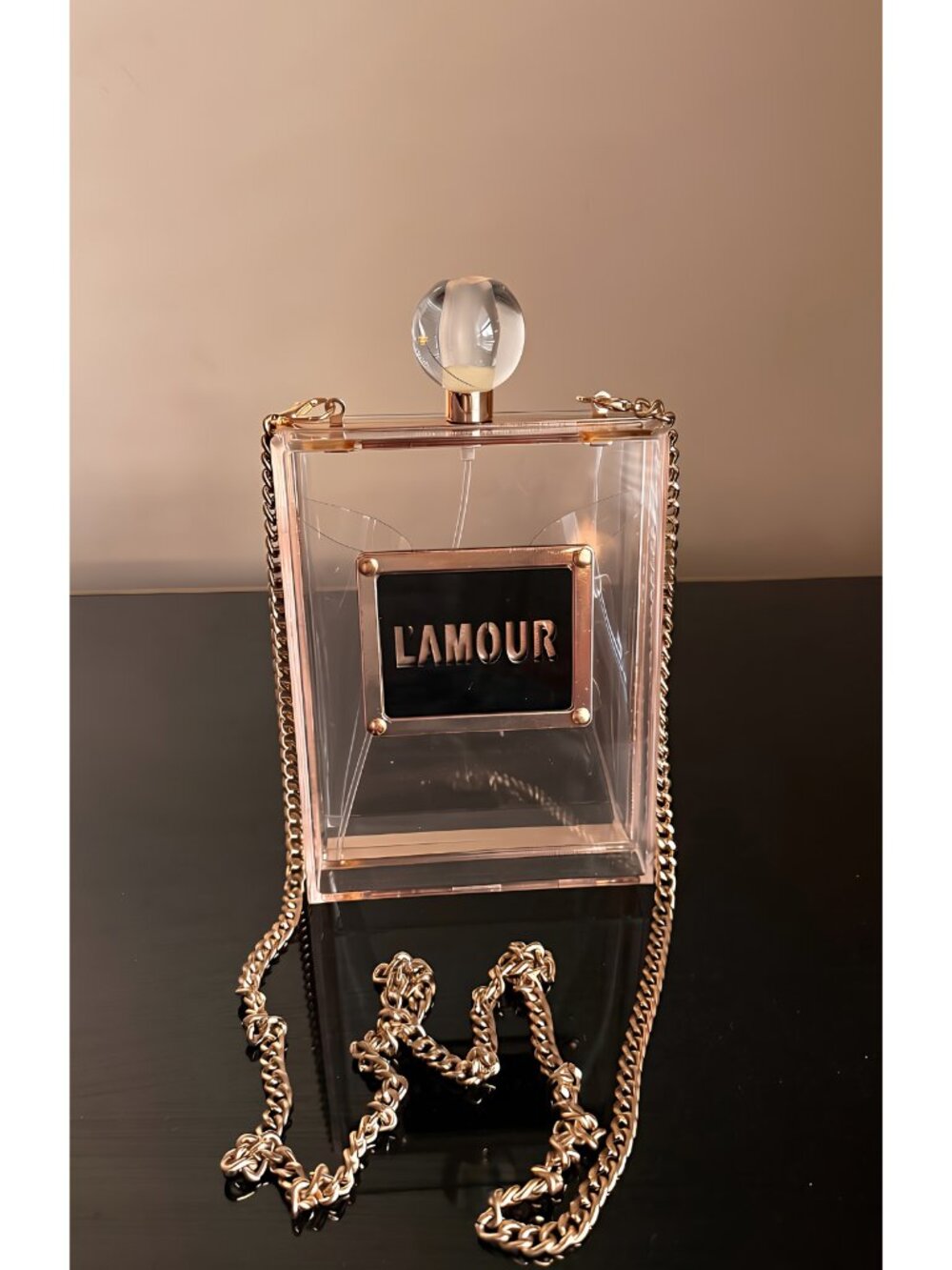 L’AMOUR Clear Acrylic Perfume Bottle Clutch Bag